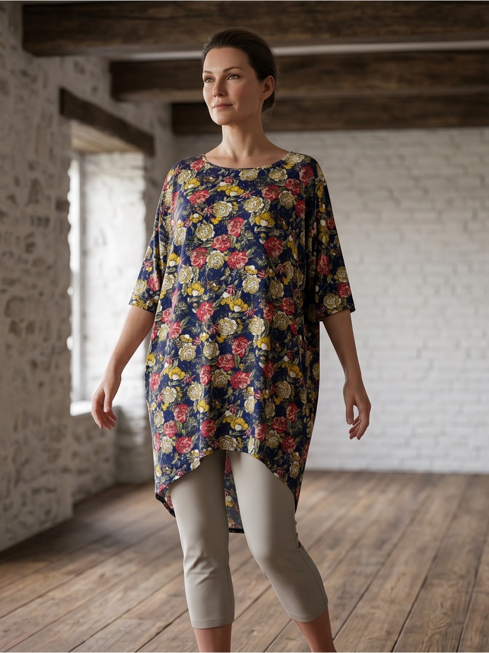 LuLaRoe Navy Floral Oversized Tunic with Rich Vintage Inspired Print